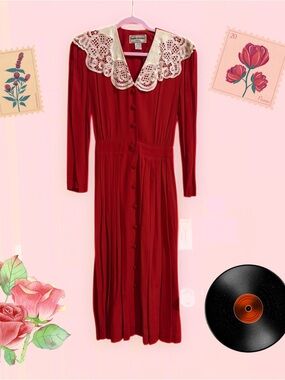 ❤️Vintage Karin Stevens Red Dress with Lace Collar